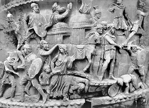 The Emperor Arriving at a Village while it is being sacked, detail from the column of Marcus Aurelius, AD 180-196 (marble) (b  /  w photo)