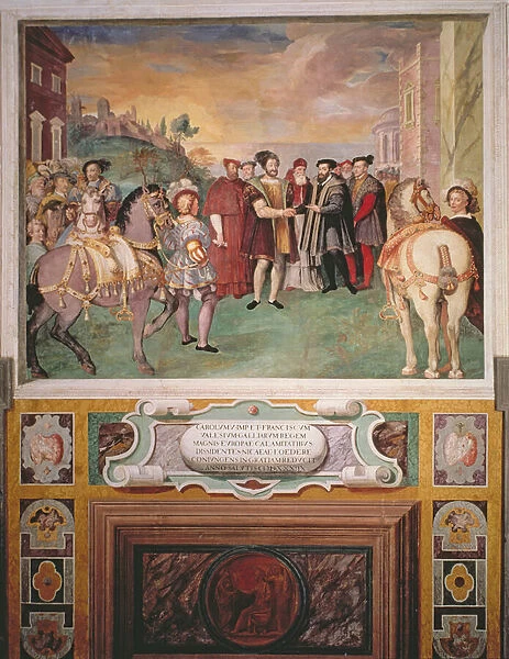 Emperor Charles V (1500-58) and Francis I (1494-1547) Make Peace under the Auspices of Pope Paul Farnese III (1546-92), from the Sala dei Fasti Farnese, 1557-66 (fresco) (see also 156713 for detail)