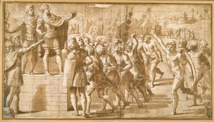 Framed Print : The Emperor Constantine, addressing his troops, startled by the vision of the Cross in Framed Print : The Emperor Constantine, addressing his troops, startled by the vision of the Cross in