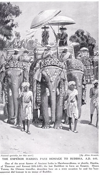 The Emperor Harsha pays homage to Buddha in 645 AD, illustration from Hutchinsons History of the Nations, c. 1910 (litho)