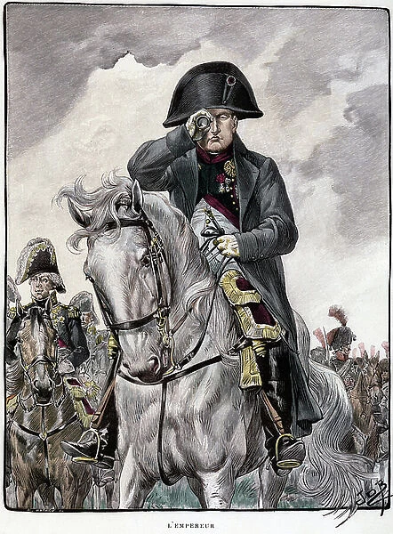 Emperor Napoleon horseback in front of his troops (great army), observing (enemy lines?) with a long view (long view - bezel) engraved in color by Job in the book 'The old imperiale guard', original edition Mame 1902