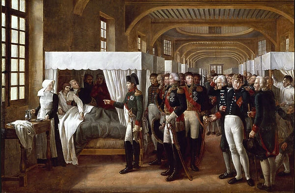 Emperor Napoleon I, with doctors and generals, visits the wounds in the infirmary of