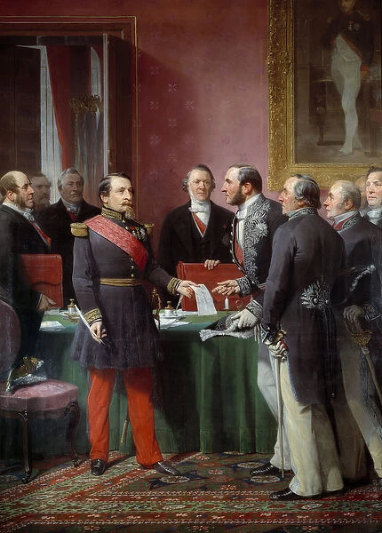 Emperor Napoleon III (1808-1873) handing over to Baron Georges Haussmann (1809-1891
