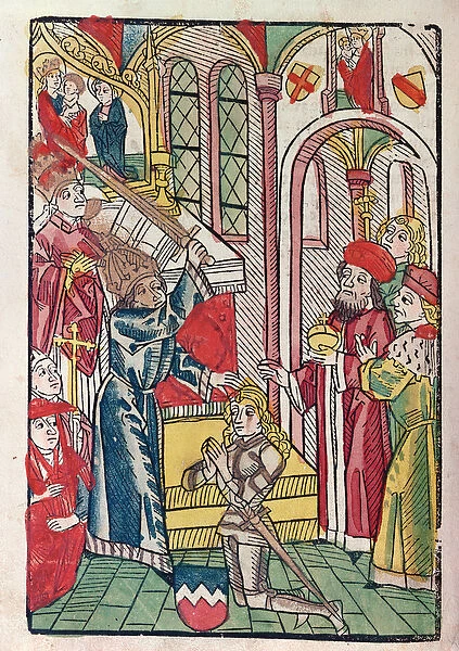 Emperor Sigismund (1367-1437) of Luxemburg dubbing a Knight (colour woodcut)