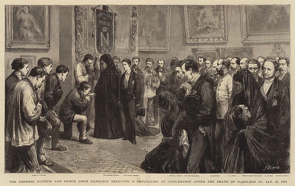 The Empress Eugenie and Prince Louis Napoleon receiving a Deputation at Chislehurst after the Death of Napoleon III, 16 January 1873 (engraving)