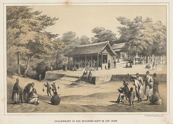 Encampment of the Exploring Party in Lew Chew, 1855 (colour litho)