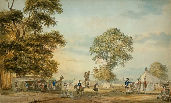 Encampment in Hyde Park during the Gordon Riots, 1780 (w  /  c on paper)