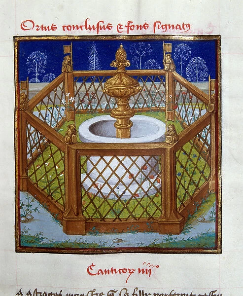 The enclosed garden and fountain sealing Miniature from Master of Dreux-Bude (Dreux Bude