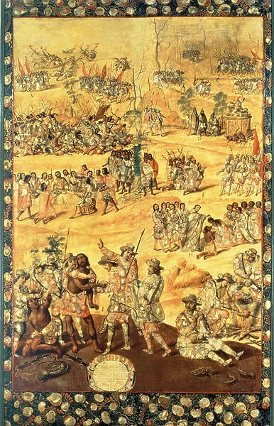 The Encounter between Hernando Cortes (1485-1547) and Montezuma (1466-1520), panel from the Conquest of Mexico, 1698 (oil on panel)