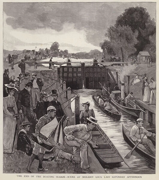 The end of the boating season: scene at Molesey Lock on the River Thames, Surrey (litho)
