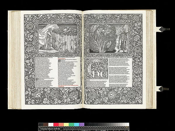 The end of 'The Romance of the Rose', and the beginning of 'The Parlement of Foules', ie Parliament of Fowls, from The Works of Geoffrey Chaucer, by William Morris, 1896 (woodcuts & black type on paper)