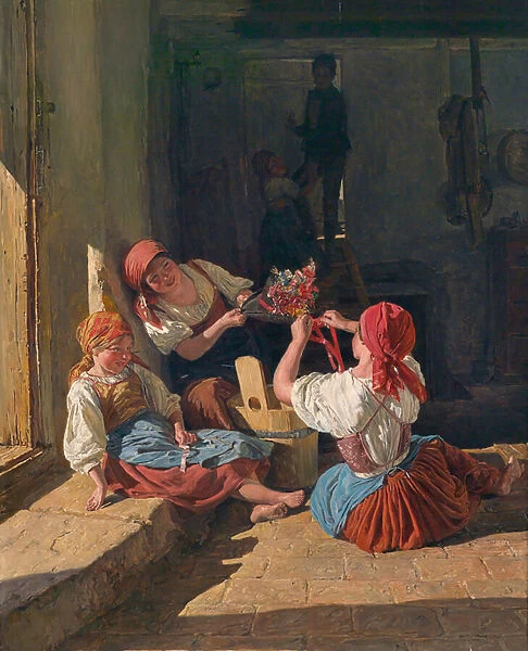 Enfants decorant le chapeau d un conscrit (Children decorating a Conscripts Hat). Peinture de Ferdinand Georg Waldmuller (1793-1865), huile sur bois, 1854. Art autrichien, 19e siecle, bidermeier. Collection privee