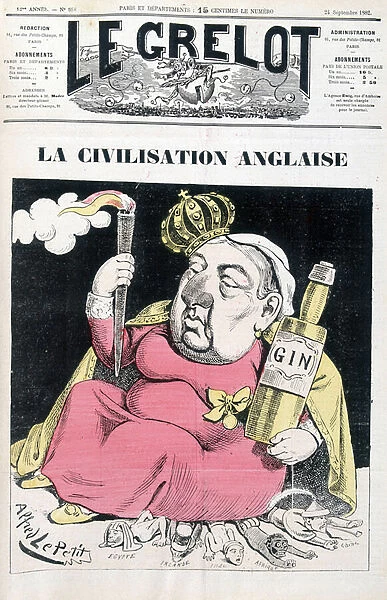 English civilization: Victoria, a bottle of gin in hand, sitting on Egypt, Ireland, India