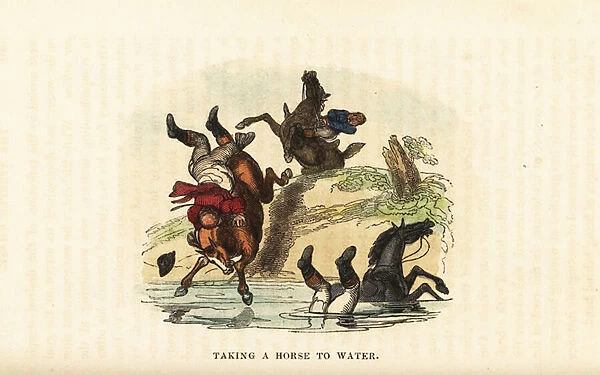 Two English gentlemen on horseback diving into a river. 1831 (engraving)