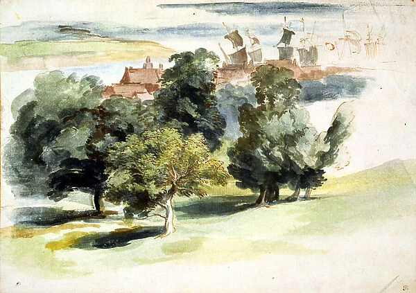 An English Landscape, c. 1635-41 (w  /  c, gouache and pen & ink on paper)