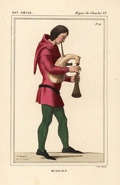 English musician playing the musette de cour or bagpipes, 15th century. He wears a pink leotard tunic with hood hood and green pantalon. Handcoloured lithograph by Leopold Massard after a manuscript by Jean Froissart from Le Bibliophile Jacob aka
