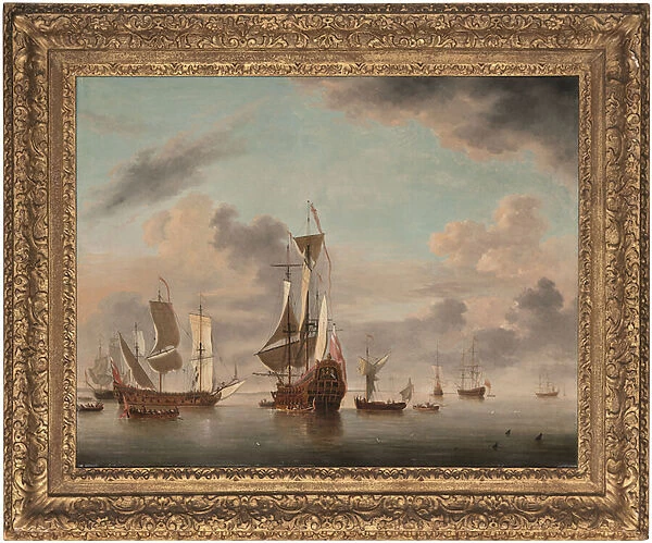 An English two-decker of forty guns riding at anchor off a coast with a galliot close by and five men-o war beyond (oil on canvas)