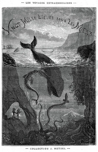 Engraving of the book by Jules Verne ' Twenty thousand lieues sous les mers' (Twenty-thousand - 20,000 - 20000), 1865: frontispiece by Riou - editions Hetzel