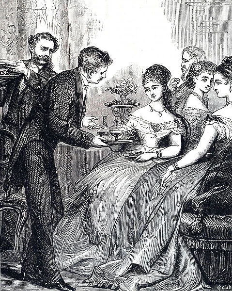 Engraving depicting a gentleman handing a lady a dish of jelly at a supper