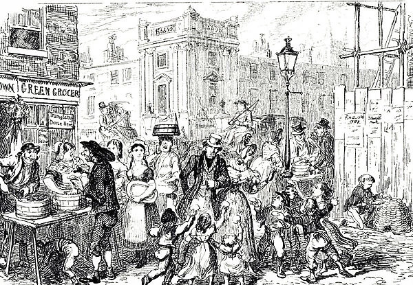 An engraving depicting a London Oyster stall. Illustrated by George Cruikshank (1792-1878) a British caricaturist and book illustrator, 19th century