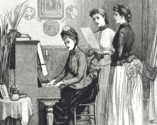 Engraving depicting young ladies singing in the drawing room, 19th century
