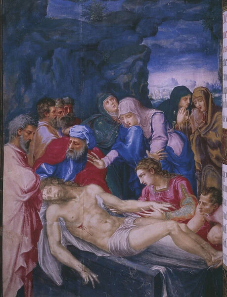 Entombment, from a facsimile of the Breviary of King Philip II of Spain, 1569 (parchment)