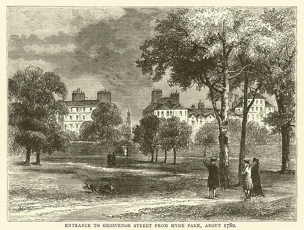 Entrance to Grosvenor Street from Hyde Park, about 1780 (engraving)