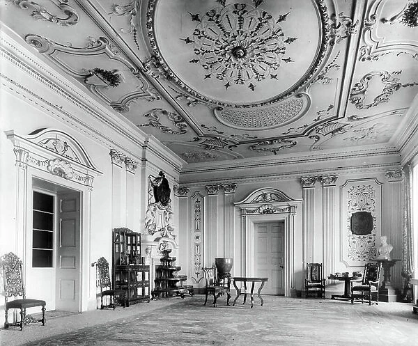 The entrance hall, Sutton Scarsdale, Derbyshire, from England's Lost Houses by Giles Worsley (1961-2006) published 2002 (b / w photo)