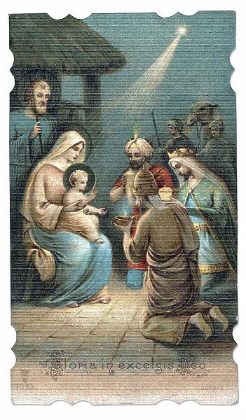 Epiphany: adoration of the Magi '' Gloria in Excelsis Deo ''. Pious image. Chromolithography, circa 1900