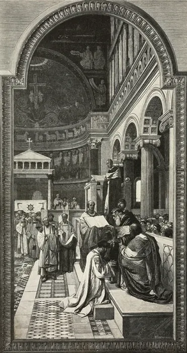 Framed Print : Episcopal Consecration of St Augustine, fresco by Cesare Maccari, Church of Our Lady of Consolation, Genoa, Italy, engraving by F Cantagalli, from L'Illustrazione Italiana, Year XX, No 11, March 12, 1893 Framed Print : Episcopal Consecration of St Augustine, fresco by Cesare Maccari, Church of Our Lady of Consolation, Genoa, Italy, engraving by F Cantagalli, from L'Illustrazione Italiana, Year XX, No 11, March 12, 1893