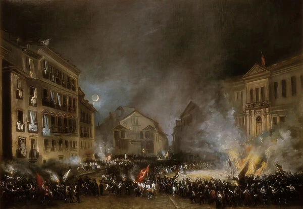 Episode of the Revolution of 1854 in Puerta del Sol in Madrid