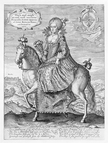 Equestrian Portrait of Anne of Denmark (1574-1619) engraved by the artist, pub