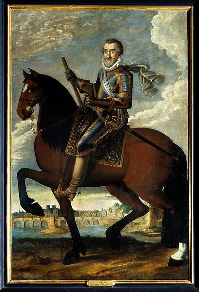 Equestrian portrait of Henry IV (1553-1610) king of France in front of the Pont Neuf in