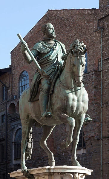 Equestrian statue of Cosimo 1st of Tuscany (1519-1574), Grand Duke of Tuscany, Under his reign were created in Florence, the Uffizi, the Vasari corridor, the Boboli Gardens, Bronze sculpture by Giovanni Bologna, known as Giambologna (1529-1608)