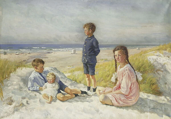 Erik, Else, Ove and Birthe Schultz on a Beach, 1919 (oil on canvas)