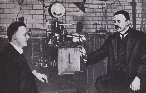 Ernest Rutherford, left, and Hans Geiger in the Physics Laboratory of Manchester University (b  /  w photo)