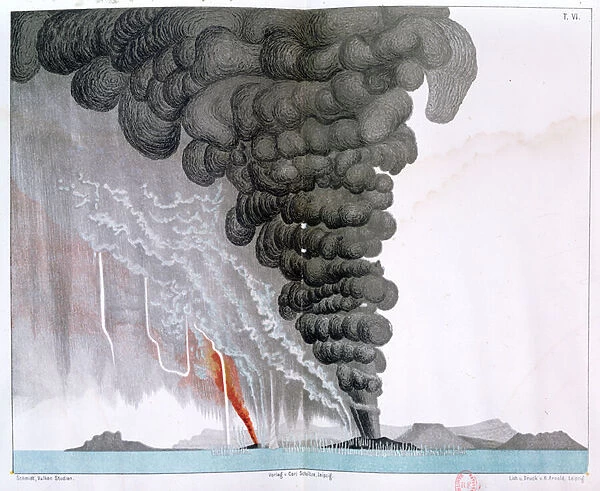 The eruption of the Santorini volcano, illustration from Etudes sur les Volcans