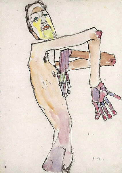Erwin Dominik Osen (1891-1970) as Nude with Crossed Arms par Schiele, Egon (1890-1918). Black chalk, watercolour on Paper, size : 44, 7x31, 5, 1910, Leopold Museum, Vienna