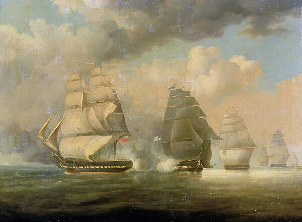 The escape of HMS Belvidera, 23 June 1812, off the coast of New London, Connecticut, nine days after the outbreak of the Anglo-American (Anglo-American) War of 1812 or Second War of Independence (1812-1815)