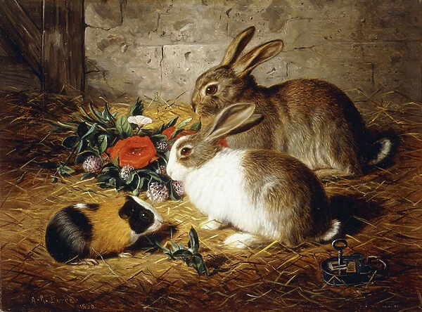 Escaped: Two Rabbits and Guinea Pig, 1880 (oil on canvas)