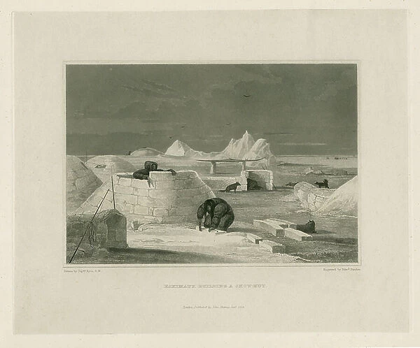 Eskimaux building a snow-hut, 1824 (engraving)