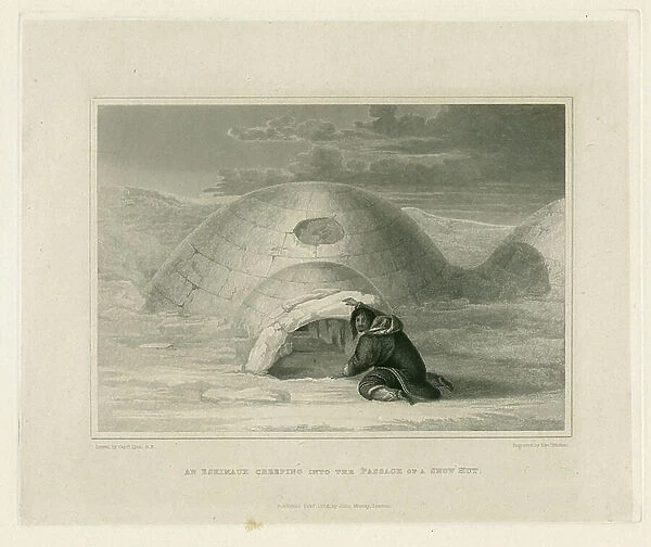 An Eskimaux creeping into the passage of a snow hut, 1824 (engraving)