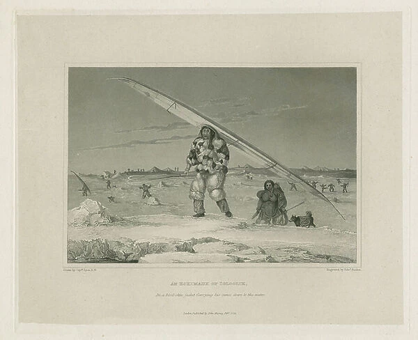 An Eskimaux of Igloolik, in a bird-skin jacket carrying his canoe down to the water, 1824 (engraving)