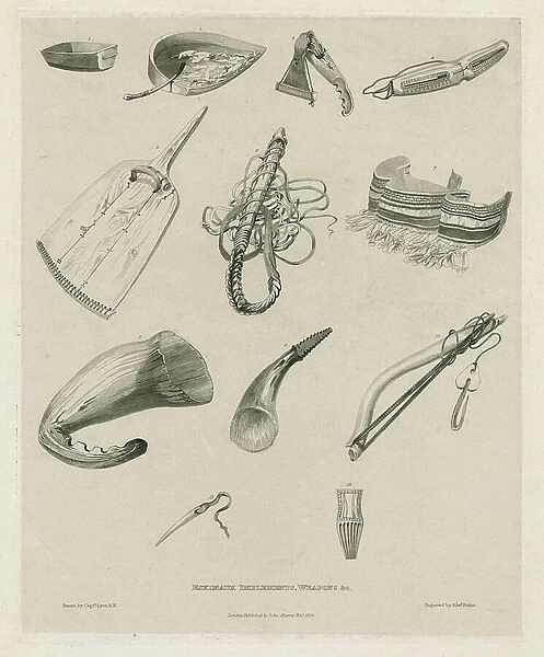 Eskimaux implements, weapons &c. 1824 (engraving)