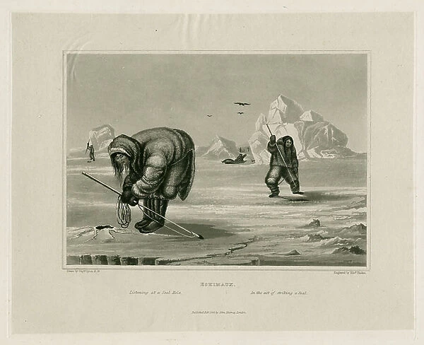 Eskimaux, listening at a seal-hole, in the act of striking a seal, 1824 (engraving)