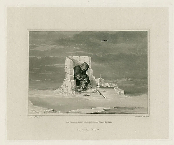 An Eskimaux watching a seal-hole, 1824 (engraving)