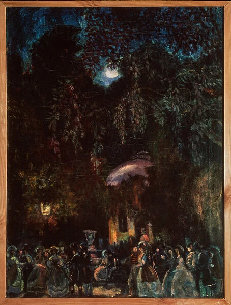 Espagne. (Scene de loisirs, promenade de la societe dans la rue, le soir). Peinture de Sergei Yurievich Sudeykin (Serge Soudeikine) (1882-1946), huile sur toile, vers 1910. Art russe, 20e siecle