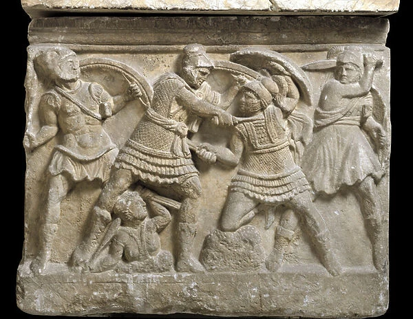Etruscan art: 'Eteocle and Polynice'the two brothers, son of Oedipus, Bas relief of a sarcophagus of Chiusi, 3rd century BC - Palermo, Museo Archeologico Nazionale - Duel between the brothers Eteocles and Polynices