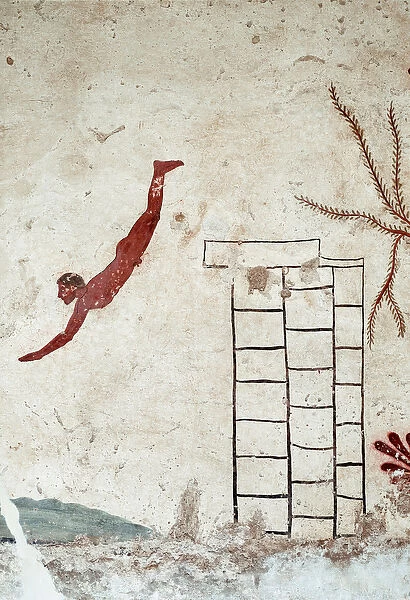 Etruscan art: A young swimmer diving. Fresco of the grave of the 'diver'