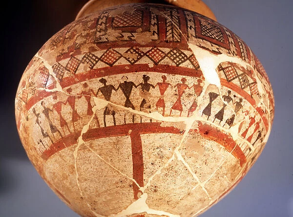 Etruscan civilization: detail of olla on foot in terracotta decorated with geometric